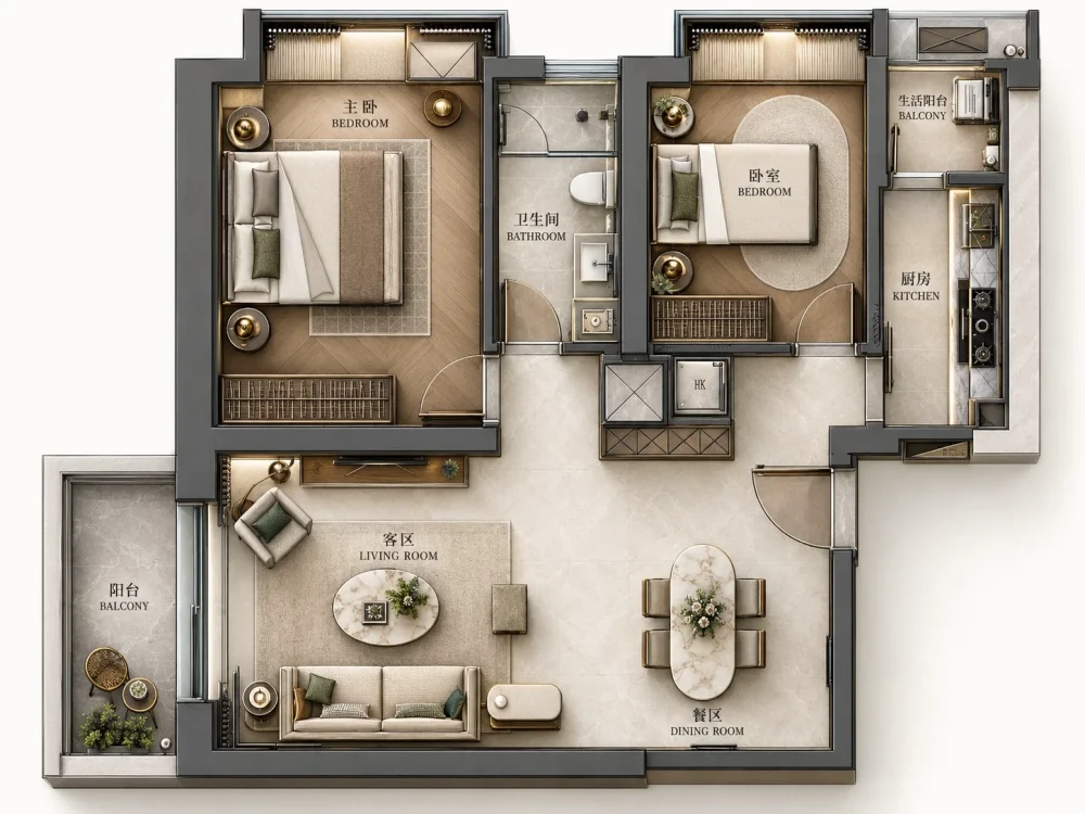 99 m² Two-Bedroom